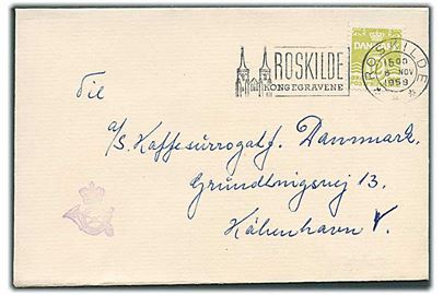 12 øre Bølgelinie på tryksag fra Roskilde d. 8.11.1958 til København. Violet krone/posthorn tryksagskontrol-stempel.