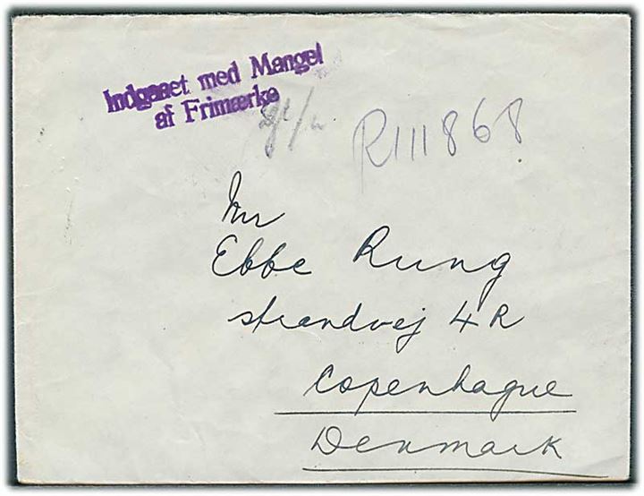 1600 din. blandingsfrankeret anbefalet brev fra Athen 1948 til København, Danmark. Stemplet Indgaaet med Mangel af Frimærke.