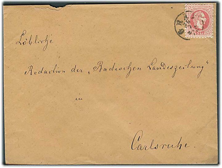 5 kr. Franz Joseph på brev fra Graz d. 26.7.187x til Carlsruhe, Tyskland.