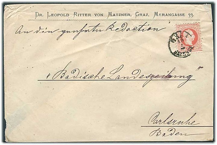 5 kr. Franz Joseph på brev fra Graz d. 12.2.187x til Carlsruhe, Tyskland.