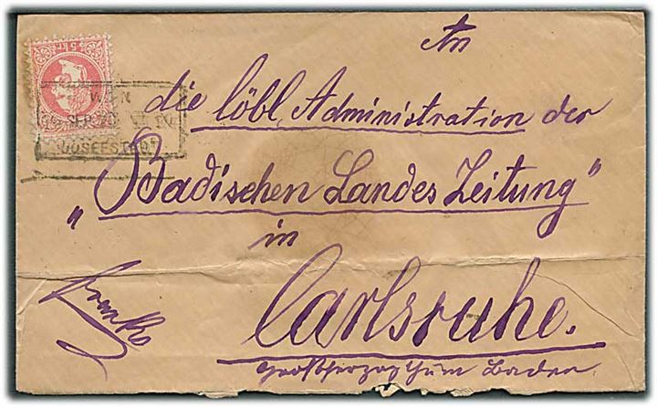5 kr. Franz Joseph på brev fra Wien d. 19.9.187x til Carlsruhe, Tyskland.