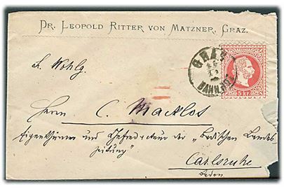 5 kr. Franz Joseph på brev fra Graz d. 16.11.187x til Carlsruhe, Tyskland.