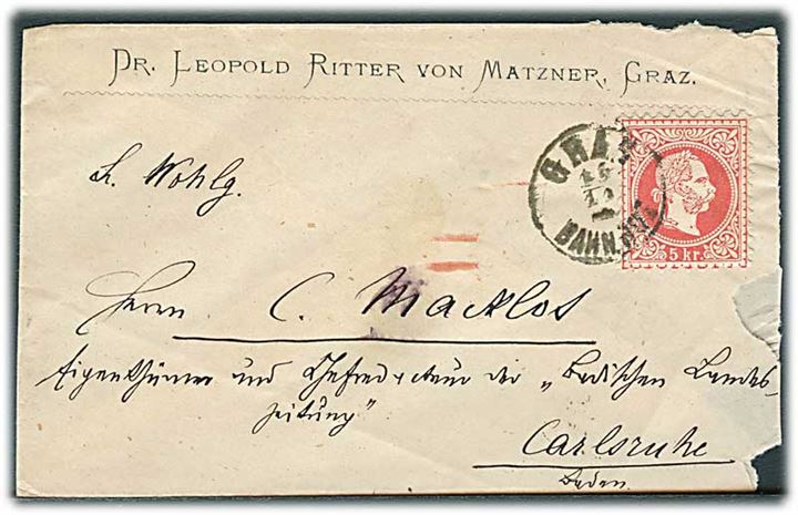 5 kr. Franz Joseph på brev fra Graz d. 16.11.187x til Carlsruhe, Tyskland.