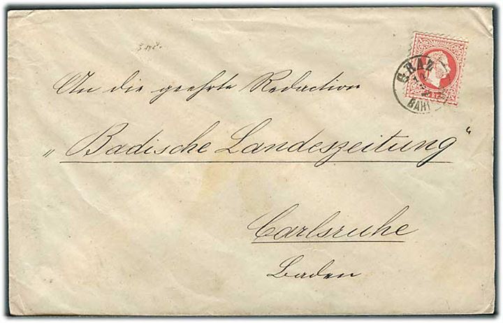5 kr. Franz Joseph på brev fra Graz d. 14.3.187x til Carlsruhe, Tyskland.
