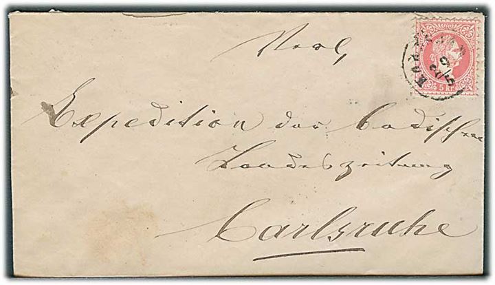 5 kr. Franz Joseph på brev fra Har... d. 29.5.187x til Carlsruhe, Tyskland.