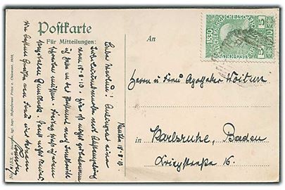 5 h. Franz Joseph jubilæums udg. på brevkort fra Reutte d. 18.8.1910 til Karlsruhe, Tyskland.