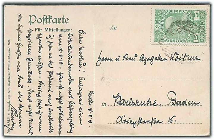 5 h. Franz Joseph jubilæums udg. på brevkort fra Reutte d. 18.8.1910 til Karlsruhe, Tyskland.