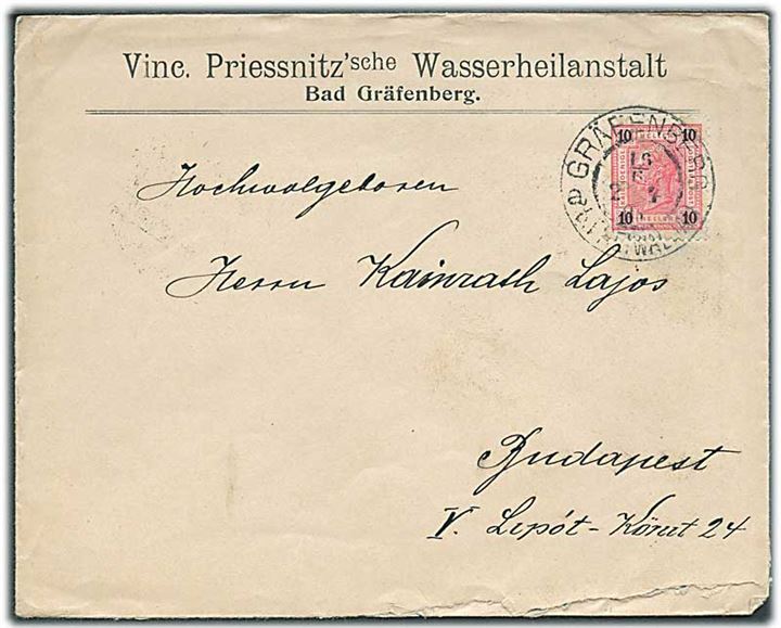 10 h. Franz Joseph på brev fra Gräfenberg 1904 til Budapest, Ungarn.