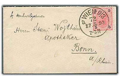 5 h. Franz Joseph på lille brev fra Wien d. 27.5.1893 til Bonn, Tyskland.