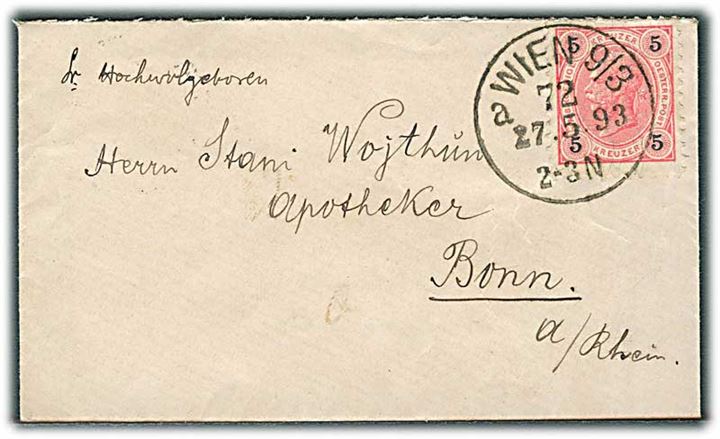 5 h. Franz Joseph på lille brev fra Wien d. 27.5.1893 til Bonn, Tyskland.