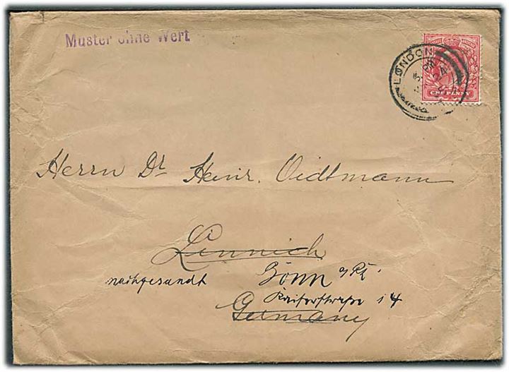 1d Edward VII på brev stemplet Muster ohne Wert fra London d. 24.3.1905 til Linnich, Tyskland - eftersendt til Bonn.