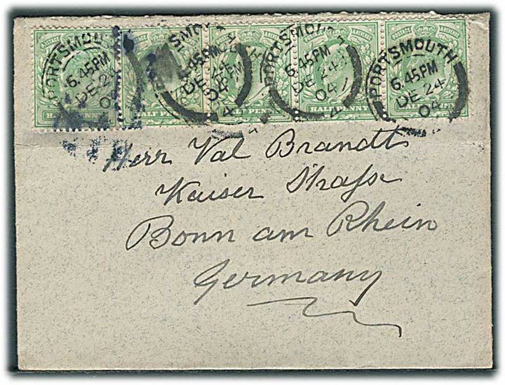 ½d Edward VII i 5-stribe på brev fra Portsmouth d. 24.12.1904 til Bonn, Tyskland.