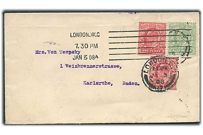 ½d og 1d (2) Edward VII på brev fra London d. 3.1.1908 til Karlsruhe, Tyskland.
