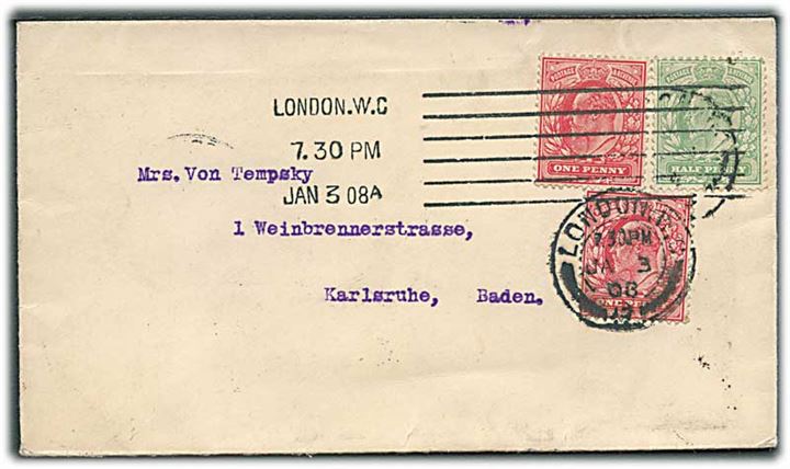 ½d og 1d (2) Edward VII på brev fra London d. 3.1.1908 til Karlsruhe, Tyskland.