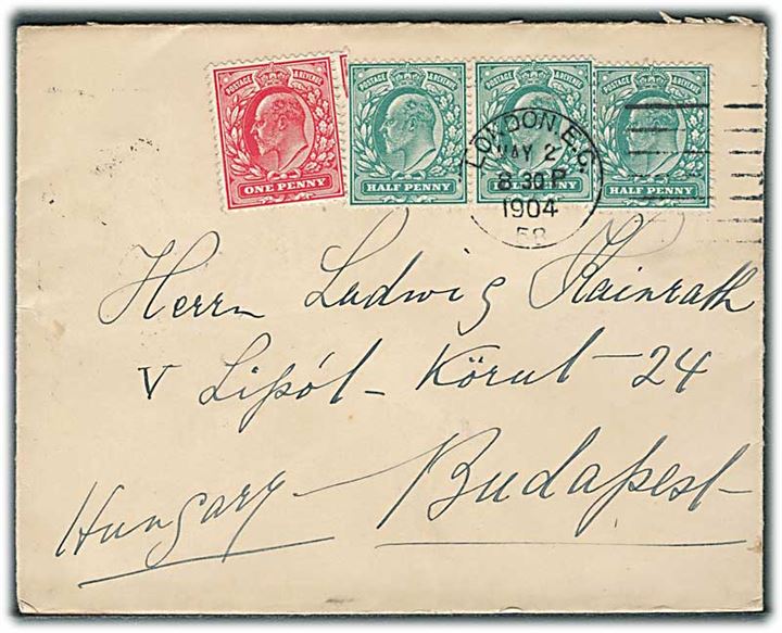 ½d (3) og 1d Edward VII på brev fra London d. 2.5.1904 til Budapest, Ungarn.