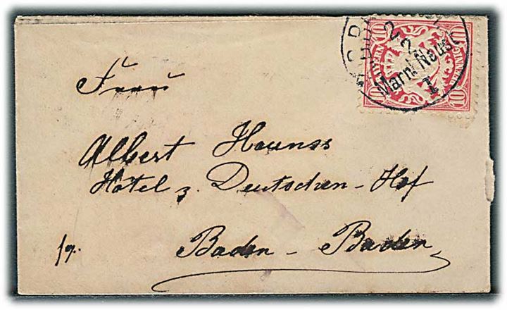 Bayern. 10 pfg. Våben på brev annulleret med bureaustempel Marn.-Neust. d. 2.2.1884 til Baden-Baden.