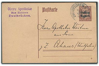 Bayern. 15 pfg. Freistaat Bayern provisorisk helsagsbrevkort fra Zweibrücken d. 9.3.1920 til Ahaus.