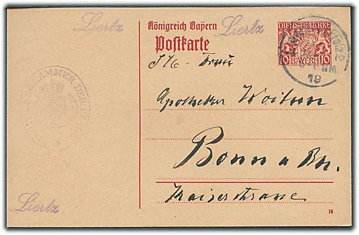 Bayern. 10 pfg. tjeneste-helsagsbrevkort fra Landau d. 14.5.1919 til Bonn.