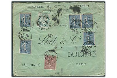 5 c., 20 c. og 25 c. (5) på brev fra Alger stemplet Marseille d. 30.8.1907 til Carlsruhe, Tyskland.