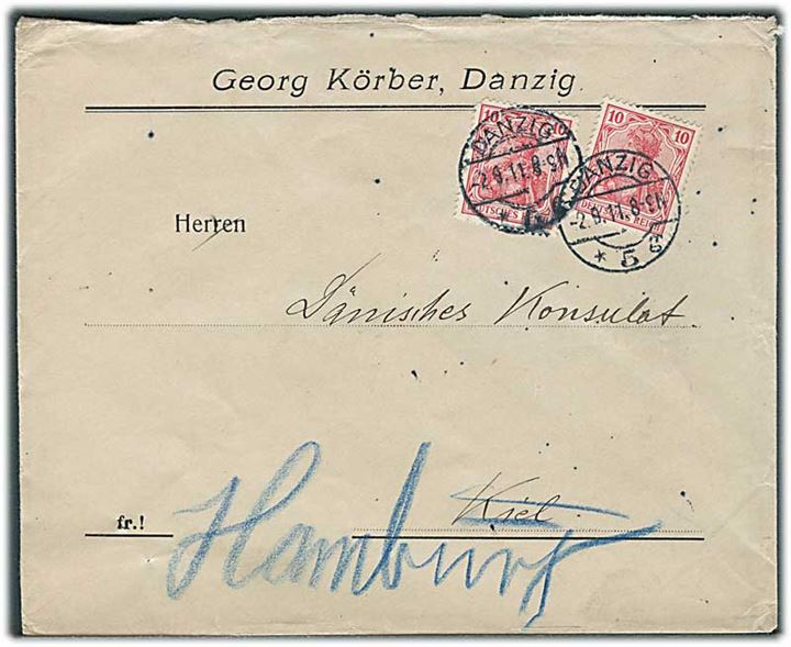10 pfg. Germania (2) på brev fra Danzig d. 2.8.1911 til danske konsulat i Kiel - eftersendt til Hamburg.