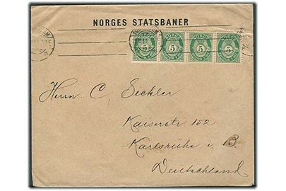 5 øre Posthorn (4) på fortrykt kuvert fra Norges Statsbaner i Trondhjem d. 20.8.1911 til Karlsruhe, Tyskland.