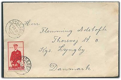 30 øre Haakon 80 år på brev fra Spydeberg d. 2.8.1952 til Lyngby, Danmark.