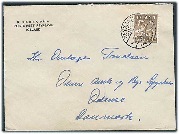 2,25 kr. Hest single på brev fra Reykjavik d. 13.10.1959 til Odense, Danmark.
