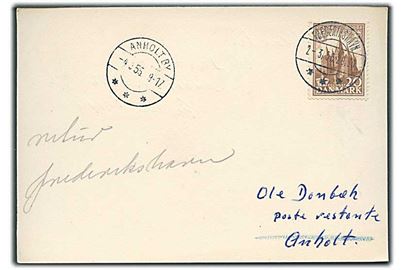20 øre 1000 års udg. på isluft brevkort fra Frederikshavn d. 2.3.1955 til Anholt. Ank.stemplet brotype IIc Anholt By d. 4.3.1955.
