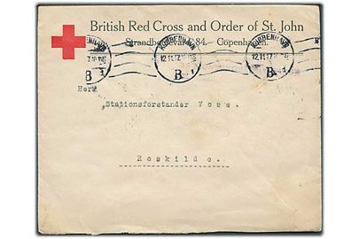 Ufrankeret fortrykt kuvert fra British Red Cross and Order of St. John sendt som krigsfangepost fra Kjøbenhavn d. 12.11.1917 til Roskilde.
