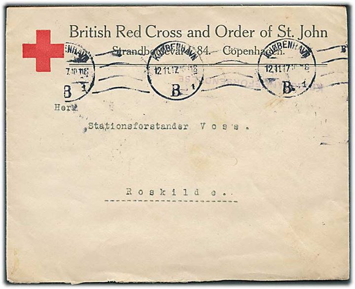 Ufrankeret fortrykt kuvert fra British Red Cross and Order of St. John sendt som krigsfangepost fra Kjøbenhavn d. 12.11.1917 til Roskilde.
