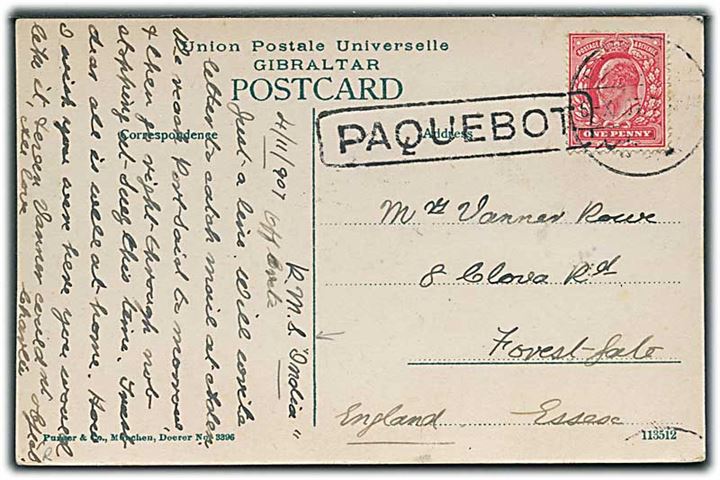 1d Edward VII på brevkort fra Gibraltar dateret RMS India og annulleret Port Said d. 6.11.1907 og sidestemplet Paquebot til England.