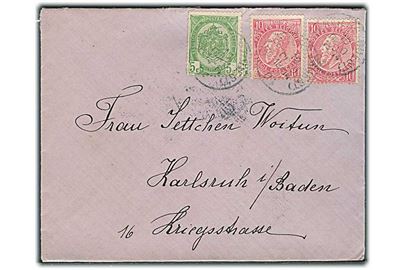 5 c. Våben og 10 c. Leopold II (2) på brev fra Verviers d. 10.10.1904 til Karlsruhe, Tyskland.
