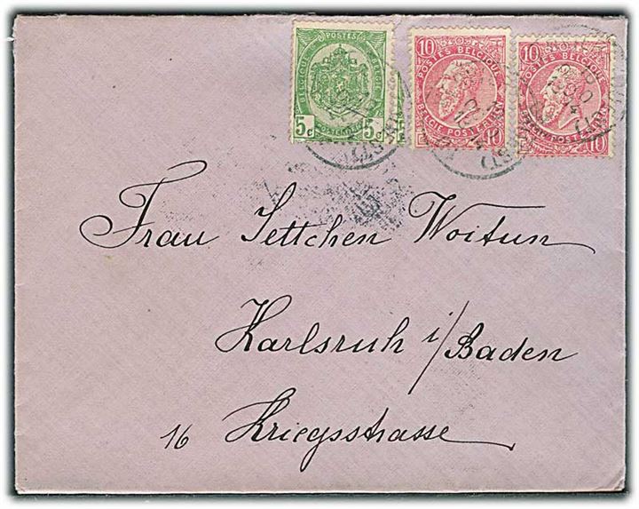 5 c. Våben og 10 c. Leopold II (2) på brev fra Verviers d. 10.10.1904 til Karlsruhe, Tyskland.