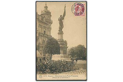 10 c. Leopold II med perfin GF på billedside af brevkort fra Anvers d. 1.7.1910 til Nykøbing F., Danmark.