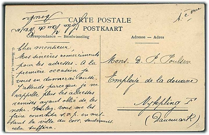 10 c. Leopold II med perfin GF på billedside af brevkort fra Anvers d. 1.7.1910 til Nykøbing F., Danmark.