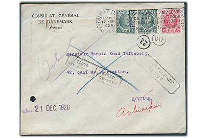 5 c. (2) og 40 c. Albert I på lokalbrev fra danske generalkonsulat i Anvers d. 17.12.1926. Retur som ubekendt med flere stempler. Arkivhul. 