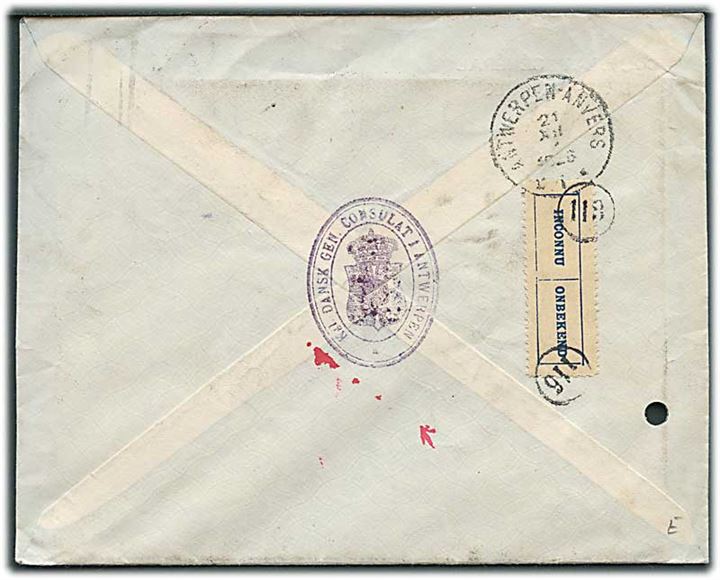 5 c. (2) og 40 c. Albert I på lokalbrev fra danske generalkonsulat i Anvers d. 17.12.1926. Retur som ubekendt med flere stempler. Arkivhul. 
