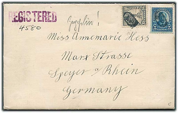 5 cents Roosevelt og 15 c. Liberty på anbefalet brev fra Mount Kisco, N.J. d. 7.1.1929 via New York til Speyer, Tyskland. På bagsiden Julemærke 1929.
