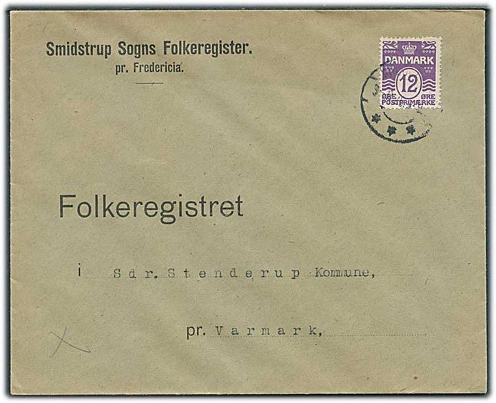 12 øre Bølgelinie single på tryksag fra Fredericia d. 3.11.1926 til Sdr. Stenderup pr. Varmark.