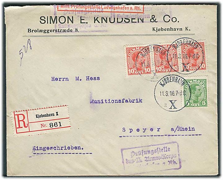 5 øre og 10 øre (3-stribe) Chr. X på anbefalet brev fra Kjøbenhavn d. 11.3.1916 til Speyer, Tyskland. Åbnet af tysk censur i Ludwigshafen.