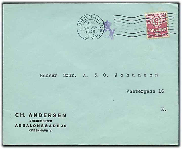 5 øre Bølgelinie single på lokal tryksag i København d. 28.8.1940. Violet tryksagskontrol stempel.