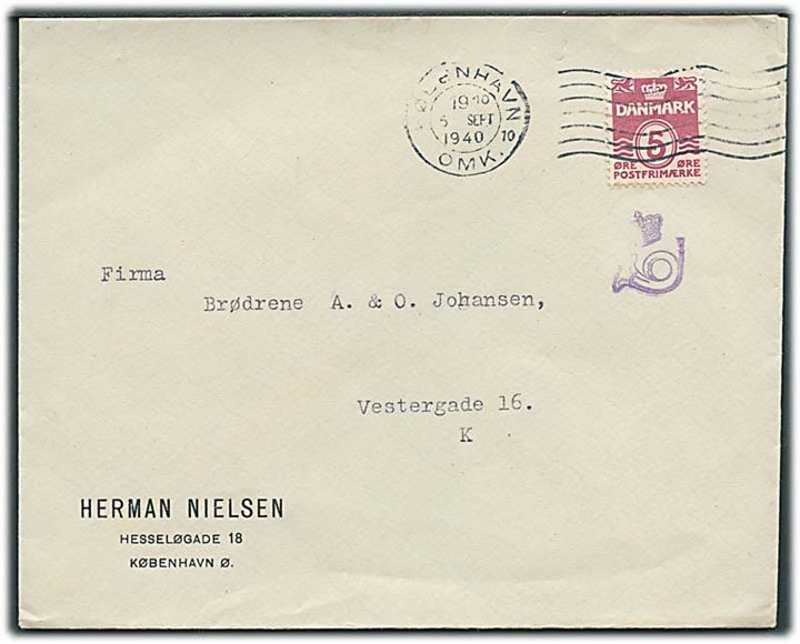 5 øre Bølgelinie single på lokal tryksag i København d. 5.9.1940. Violet tryksagskontrol stempel.
