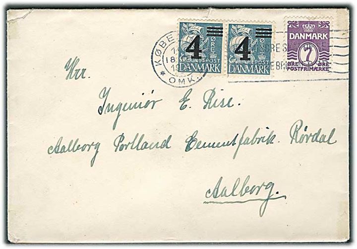 7 øre Bølgelinie og 2/25 øre Provisorium (2) på brev fra København d. 18.2.1935 til Aalborg.