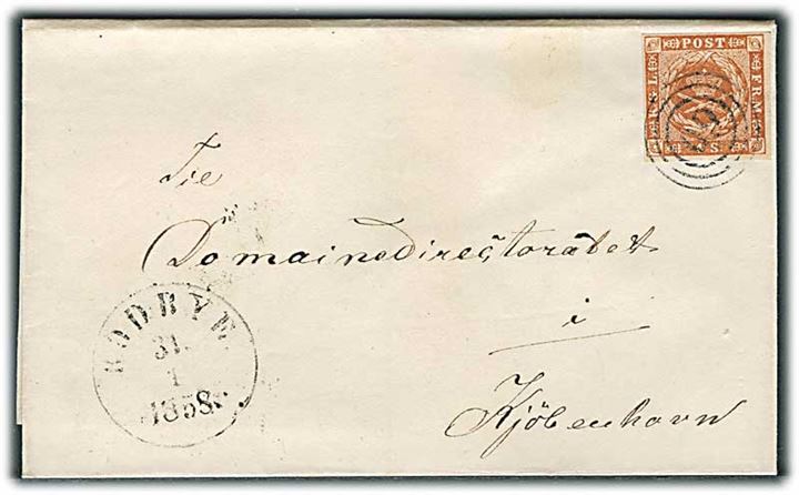 4 sk. 1854 udg. på brev annulleret med nr.stempel 60 og sidestemplet antiqua Rödbye d. 31.1.1858 til Kjøbenhavn.