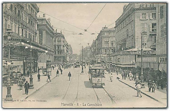 La Cannebière i Marseille. Sporvogne no. 519 ses. E. Lacour. 