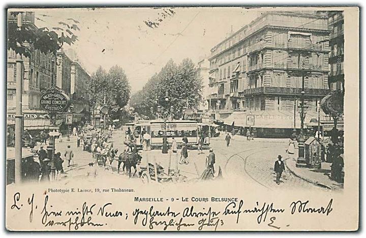 Le Cours Belsunce i Marseille. Sporvogn på tværs af vejen. E. Lacour no. 9. 