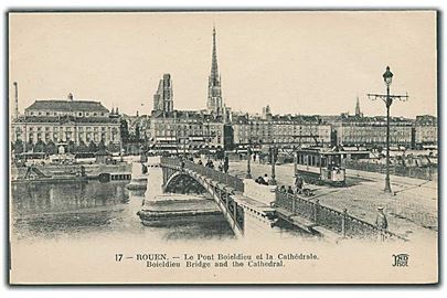 Broen Boieldieu og Katedralen i Rouen, Frankrig. Sporvogn no. 30 på broen. Neurdein Frères no. 17. 
