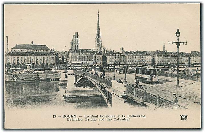 Broen Boieldieu og Katedralen i Rouen, Frankrig. Sporvogn no. 30 på broen. Neurdein Frères no. 17. 