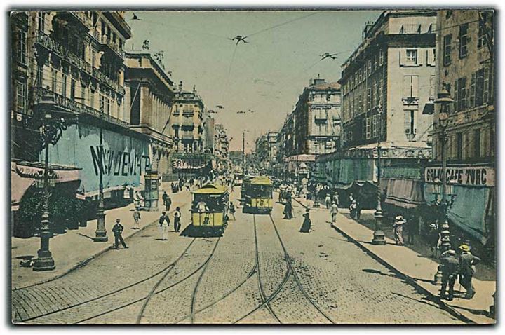 La Rue Cannebière i Marseille, Frankrig. 2 gule sporvogne no. 501 & 585 ses. J. G. L. R. no. 65. 
