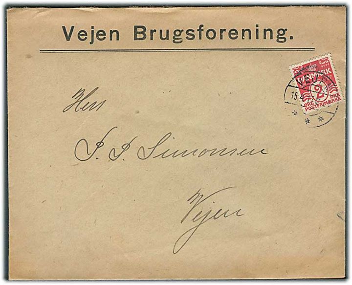 2 øre Bølgelinie single på lokal tryksag i Vejen d. 15.4.1917.